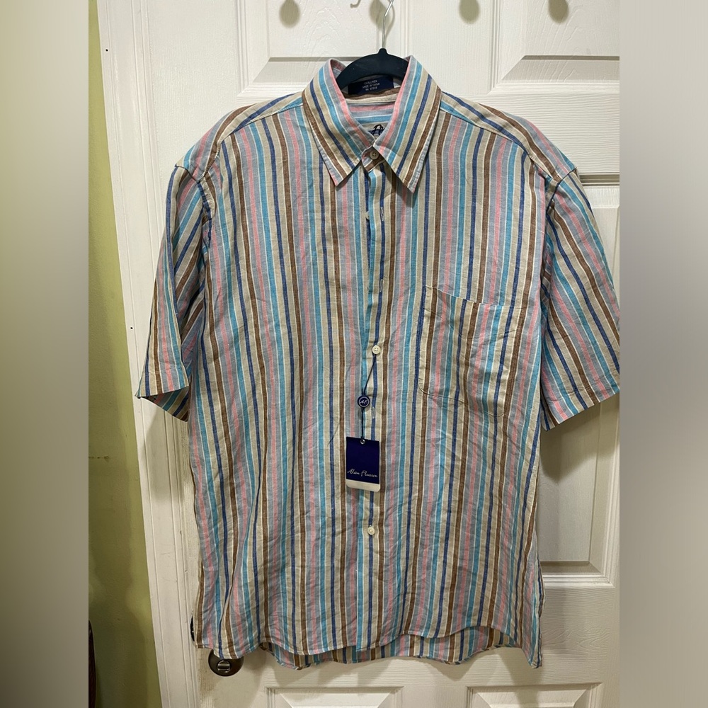 Alan Flusser Striped Mens Button Down Dress Shirt - Size L. Short sleeve